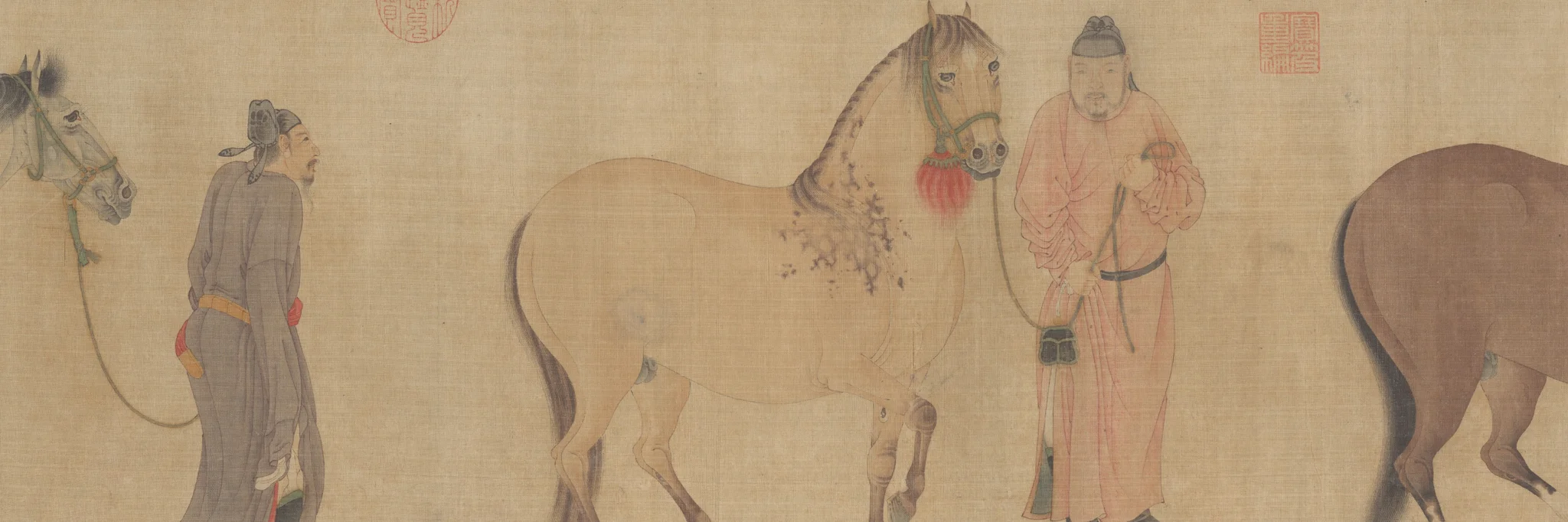 Section of a Yuan dynasty handscroll: a dun horse with a red tassel led by a groom in pink, another groom and horse entering at the left edge, red collectors' seals stamped on the silk