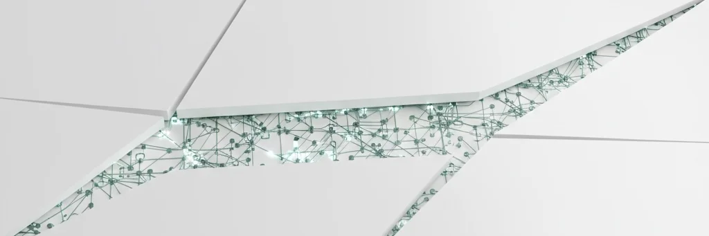 A smooth white geometric surface with precise fracture lines revealing an intricate teal lattice network of interconnected nodes underneath