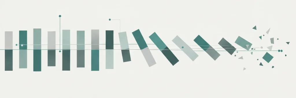 Abstract geometric shapes cascading and destabilizing, representing compounding decisions