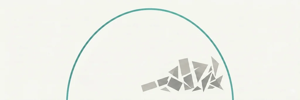 Smooth arc enclosing fragmented geometric forms, representing the gap between polished prediction and structural reality