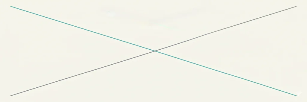 Two thin lines traversing an off-white field from a shared starting point. The upper line descends in teal and the lower rises in soft grey, crossing near the right third of the frame.