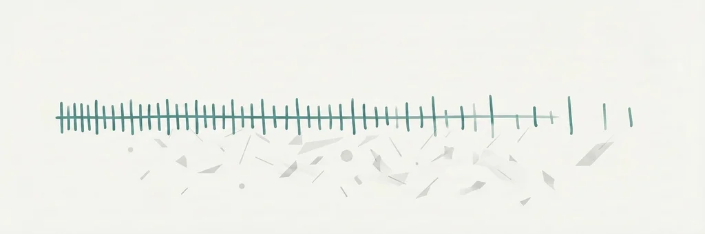 A horizontal line of irregular hand-made teal tick-marks accumulating across an off-white field, sparser toward the right, with faint grey fragments hovering below the line.