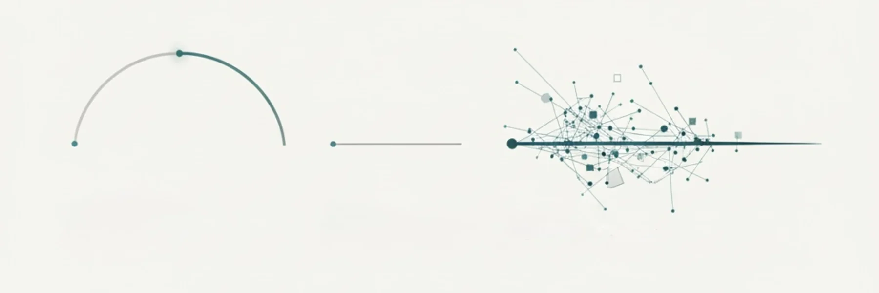 Abstract visualization showing progression from a simple arc to a complex ensemble of interconnected elements, representing the shift from single-mode AI to collaborative intelligence