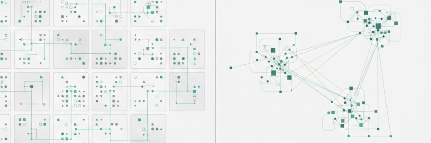 Abstract visualization of siloed data grids converging into an interconnected network, representing the shift from vendor-controlled data to independent reasoning