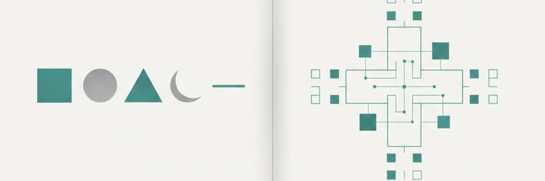Abstract visualization of basic geometric shapes transforming into a structured interconnected system, representing architectural choices becoming a coherent philosophy