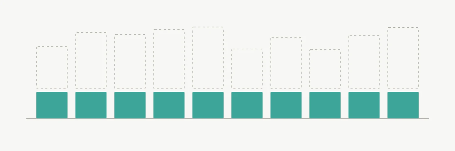 Ten identical bays stand on a single grey baseline against an off-white ground. Each bay has a solid teal ground floor, and above each ground floor rises an upper storey drawn only as a grey dashed outline, the outlined storeys varying in height across the row.