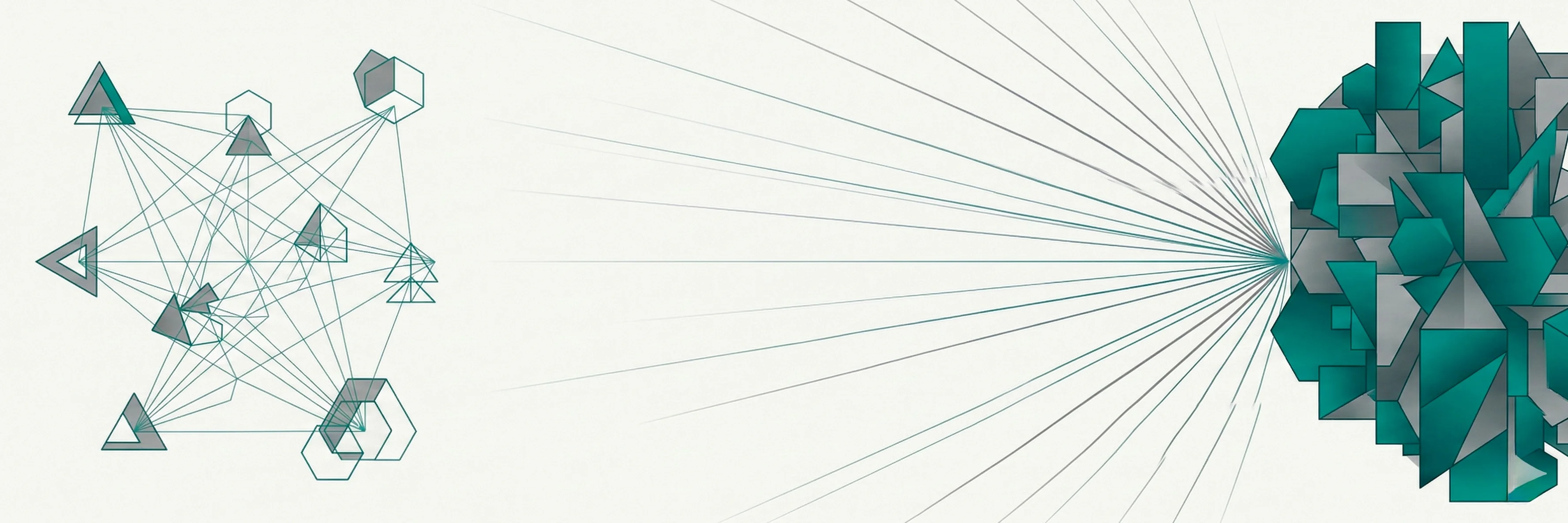 Sparse network of geometric shapes on the left connected by fine teal lines to a dense opaque cluster on the right, with open negative space between them
