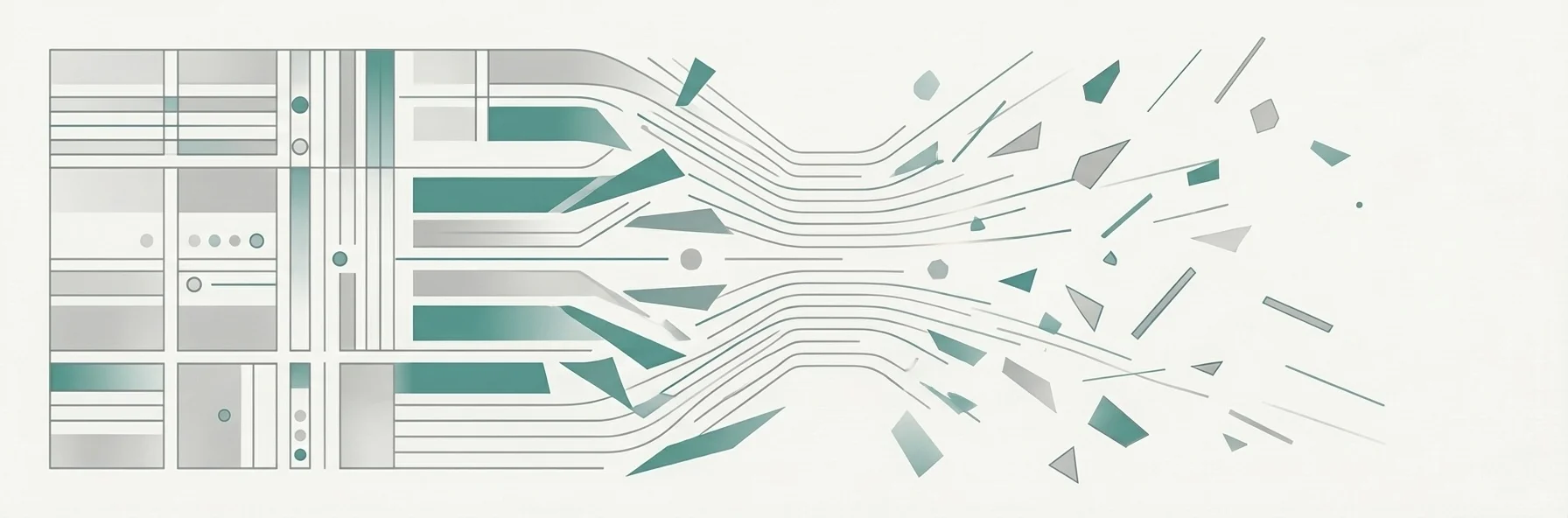 Abstract panoramic illustration of a pristine conference table with neat documents dissolving into chaotic overlapping arrows and broken connections