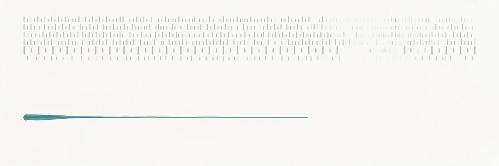 A wide horizontal field of off-white. Across the upper third, a dense band of small soft-grey tick-marks of varying sizes and irregular spacing, the visual equivalent of a noisy chorus. Across the lower third, a single thin teal line beginning with a faintly thicker patch on the left, tapering through the middle, disappearing before it reaches the right edge. A tall band of empty off-white holds the two forms apart.