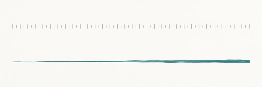 Two parallel horizontal forms across an off-white field. The upper form a series of small grey tick-marks at even spacing; the lower form a single continuous teal line accumulating thickness as it travels left to right. A wide empty band holds them apart.