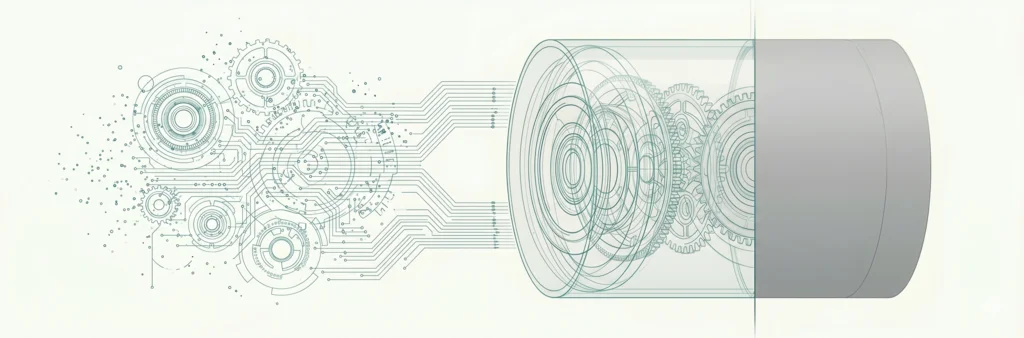 Teal technical drawing on an off-white field: gears and circuit traces on the left dissolve into a transparent cylindrical mechanism that resolves into a solid grey sealed cylinder on the right.