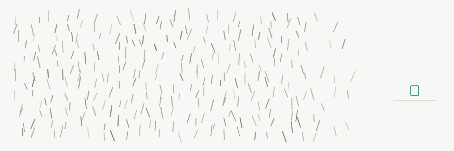 A wide off-white field densely packed on the left with small grey strokes at random angles, like rain or a crowd seen from above, filling most of the width before breaking into open space. Alone in that empty space on the right, one small teal square outline stands apart, unfilled, resting on a thin ground line, casting no shadow.