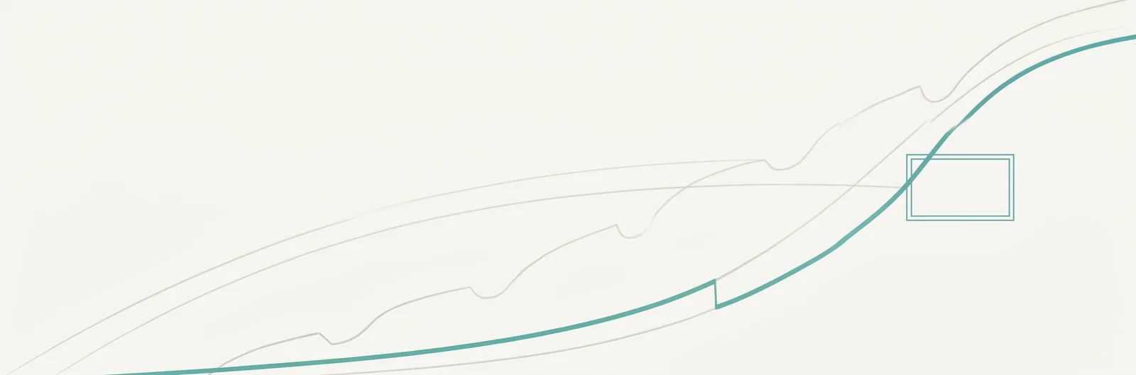Two faint pencil-grey curves cross a quiet field; their lower envelope lifts in a single confident teal stroke toward an empty rectangular frame in the right third of the canvas