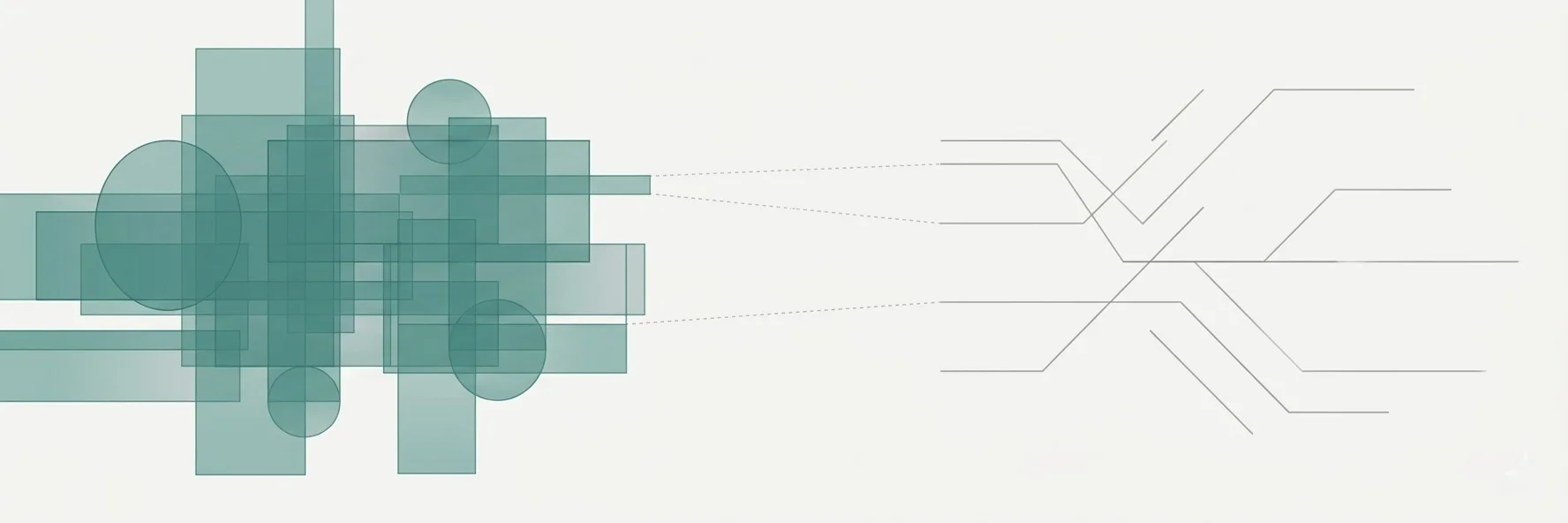 Dense cluster of overlapping translucent teal rectangles and circles on the left, connected by faint dotted lines across open space to sparse grey angular pathways on the right