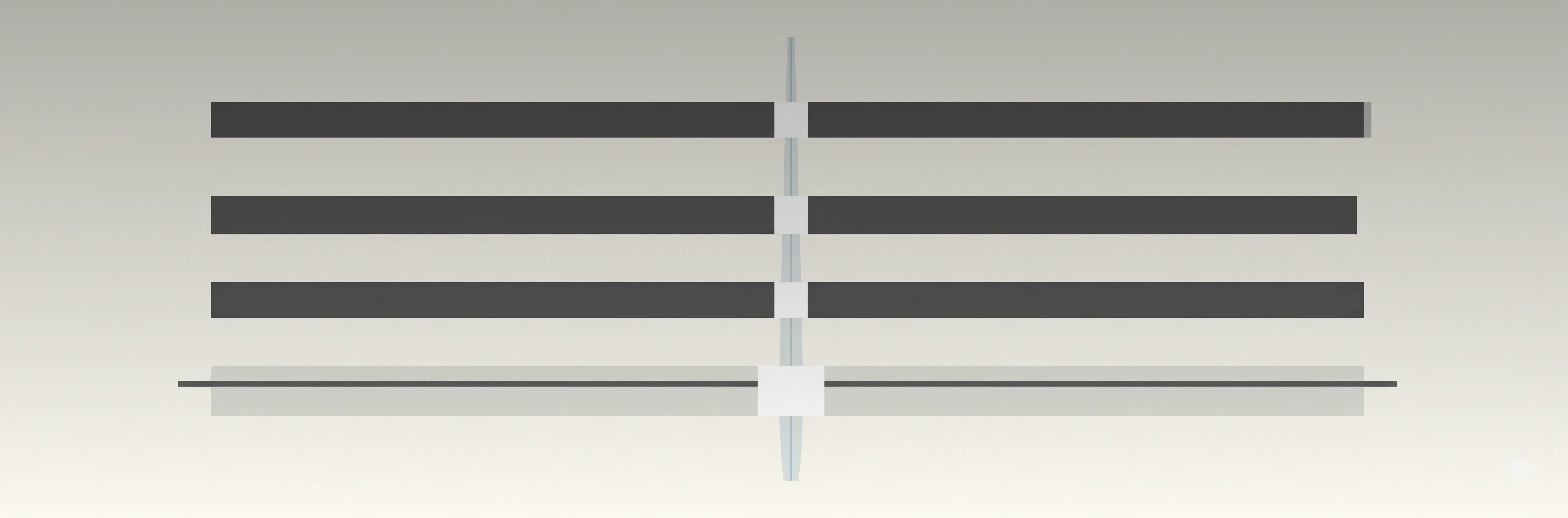 Four horizontal ruled bands on an off-white field, each bisected by a vertical spine with a gap that never closes. The fourth band is thinner and lighter, its gap wider.