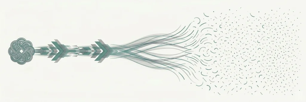 A dense coiled geometric knot on the left unfurls horizontally through a sequence of arrow-like stages into a widely distributed field of small teal marks on the right