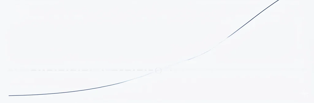 A minimalist abstract graph. A faint horizontal dashed line sits across the middle of the frame. A dark curve begins low on the left, rises gently, crosses the dashed line in the centre where a small ring marks the point, and then climbs steeply off the top-right corner of the frame.