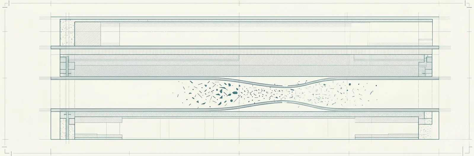 Teal technical blueprint on warm off-white paper: four horizontal strata stacked in cross-section, with hairline grids and corner registration marks. At the centre, one seam between two layers necks together and its boundary opens into a scatter of small dark fragments, while the other seams hold as clean ruled lines.