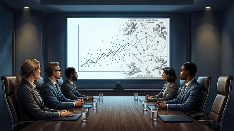 Five people in suits at a boardroom table watch a screen. On it, a scatter of data points and a rising trend line run out partway across, and the line continues into an old engraved star chart of joined stars, cherubs and Latin lettering reading Constellatio Corporata and Astra Negotia.