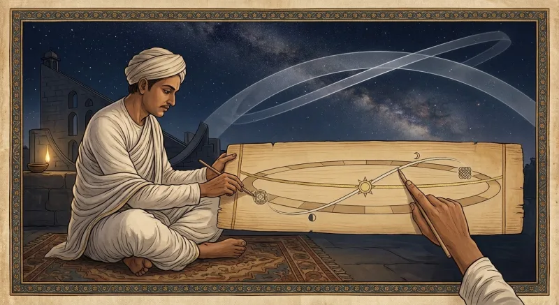 A manuscript-style painting of a scholar in white seated on a rug at night, tracing two intersecting paths on a long board marked with the Sun and phases of the Moon. Two translucent bands cross in the starry sky above him.
